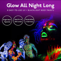 8 frascos de pintura cuerpos y rostros. Se ve bajo luz fluorescente o luz negra