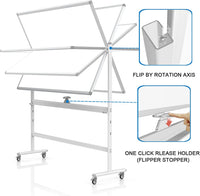 Pizarra blanca móvil de 48 x 36 pulgadas, grande, 360 °, caballete de tablero blanco ajustable con bloqueo de soporte sobre ruedas, magnético de doble cara, para oficina en casa, escuela, 15 páginas, soporte para almohadilla abatible
