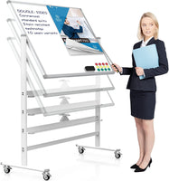 Pizarra blanca móvil de 48 x 36 pulgadas, grande, 360 °, caballete de tablero blanco ajustable con bloqueo de soporte sobre ruedas, magnético de doble cara, para oficina en casa, escuela, 15 páginas, soporte para almohadilla abatible
