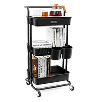 DTK Carrito de 3 niveles con cubierta para almacenamiento, carrito de almacenamiento con asa y ruedas de bloqueo, carrito de cocina con 2 cestas pequeñas y 4 ganchos para baño, oficina, balcón, sala de estar (negro) - Arteztik
