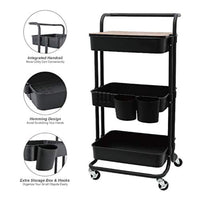 DTK Carrito de 3 niveles con cubierta para almacenamiento, carrito de almacenamiento con asa y ruedas de bloqueo, carrito de cocina con 2 cestas pequeñas y 4 ganchos para baño, oficina, balcón, sala de estar (negro) - Arteztik
