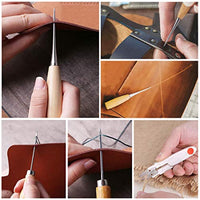RUIYIQI Kit de herramientas para manualidades de piel, 26 piezas, juego de herramientas de costura a mano, kit de reparación de tapicería con 12 agujas de coser, 5 hilos encerados, cinta métrica y dedal para reparación de cuero (bolsa de transporte inclui - Arteztik

