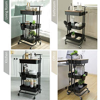 DTK Carrito de 3 niveles con cubierta para almacenamiento, carrito de almacenamiento con asa y ruedas de bloqueo, carrito de cocina con 2 cestas pequeñas y 4 ganchos para baño, oficina, balcón, sala de estar (negro) - Arteztik
