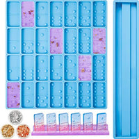 2 Pieces Domino Mold and Domino Tray Mold Set 28 Cavities Domino Silicone Resin Mold Domino Tile Rack Epoxy Mold with 3 Boxes Metallic Foil Flakes for Candy Soap Clay Chocolate Pendants DIY Crafts - Arteztik
