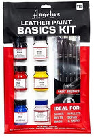 Angelus Kit básico de pintura de cuero, contiene botellas de 1 onza de negro, blanco, rojo, azul, amarillo y preparador, además de un juego de 5 pinceles Angelus (799-01-KIT) - Arteztik
