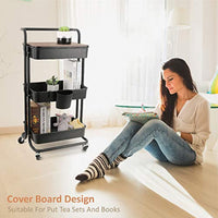DTK Carrito de 3 niveles con cubierta para almacenamiento, carrito de almacenamiento con asa y ruedas de bloqueo, carrito de cocina con 2 cestas pequeñas y 4 ganchos para baño, oficina, balcón, sala de estar (negro) - Arteztik
