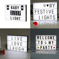 Onerbuy - Caja de luces de cine con luces LED y letras decorativas con símbolos para festivales, cumpleaños, aniversario, boda, motas, tamaño A4 - Arteztik
