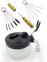 Set de 4 herramientas limpiadoras para aerógrafos, cepillos, varas con cabezal fino, boquillas y pote de vidrio para sostenerlo - Arteztik
