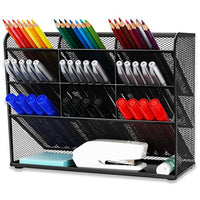 Wellerly Mesh Desk Organizer, Pencil Holder, Office Multi-Functional Desktop Organizer Collection - 9 Compartments with A Storage Rack - Markers Pen Holder for Office School Home Art Supply - Black - Arteztik
