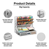 Marbrasse Mesh Desk Organizer, Multi-Functional Pen Holder, Pen Organizer for Desk, Desktop Stationary Organizer, Storage Rack for School Home Office Art Supplies (Silver Mesh Pen Holder with Drawer) - Arteztik
