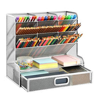 Marbrasse Mesh Desk Organizer, Multi-Functional Pen Holder, Pen Organizer for Desk, Desktop Stationary Organizer, Storage Rack for School Home Office Art Supplies (Silver Mesh Pen Holder with Drawer) - Arteztik
