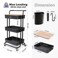 DTK Carrito de 3 niveles con cubierta para almacenamiento, carrito de almacenamiento con asa y ruedas de bloqueo, carrito de cocina con 2 cestas pequeñas y 4 ganchos para baño, oficina, balcón, sala de estar (negro) - Arteztik
