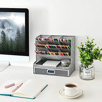 Marbrasse Mesh Desk Organizer, Multi-Functional Pen Holder, Pen Organizer for Desk, Desktop Stationary Organizer, Storage Rack for School Home Office Art Supplies (Silver Mesh Pen Holder with Drawer) - Arteztik
