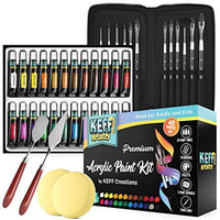 KEFF Creations Juego de pinceles de pintura acrílica, 15 pinceles de artista premium, juego de 24 pinturas acrílicas, kit de pinceles para lienzo, madera, tela, gran juego de suministros de pintura para adultos y niños - Arteztik
