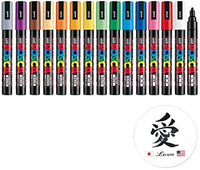 Uni Posca - Marcador de pintura para Mitsubishi (15 unidades, punta mediana, PC-5M, con adhesivo Kanji Love) - Arteztik
