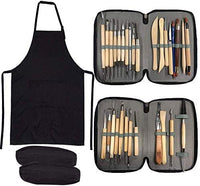 YZNlife Juego de 30 herramientas de escultura de arcilla, mango de madera, juego de herramientas de tallado de cerámica, con bolsa de transporte, delantal y mangas - Arteztik
