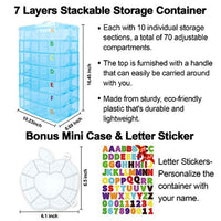 Contenedor de almacenamiento apilable de 7 capas, 70 compartimentos ajustables (azul) contenedor de almacenamiento apilable, perfecto para juguetes infantiles, manualidades de arte, joyas, suministros, mini estuche y etiqueta engomada para letras incluida - Arteztik
