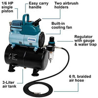 Master Airbrush Model TC-40T, compresor de aire con pistola de pintar profesional, de alto rendimiento, con tanque de aire de 0.79 galones, 2 soportes, regulador, manómetro, filtro colector de agua y manguera de aire. - Arteztik
