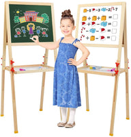 KAVAVO Caballete de madera para niños con letras magnéticas, caballete de pie ajustable, pizarra blanca de dibujo de doble cara, utilizado para la educación temprana. - Arteztik
