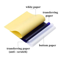 25 hojas de papel de transferencia profesional para tatuajes de 8.0 x 11.0 in, tamaño de papel A4, utilizado por tatuadores para transferir tus diseños a la piel. - Arteztik
