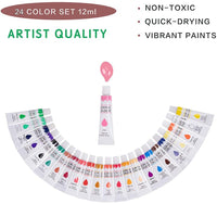 Juego de pintura acrílica, 24 pinturas acrílicas, 24 tubos de 0.4 fl oz y 1 pincel para artistas, juego de arte para adultos y niños, perfecto para lienzo, madera, cerámica, tela, ideal para pintar. - Arteztik
