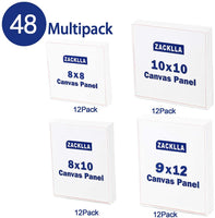 Zacklla Painting Canvas Panels Multi Pack, 8x8", 8x10", 10x10", 9x12" Set de 48, Canvas Boards for Painting - Arteztik
