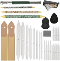 WOWOSS - Juego de 23 trozos de mezcla y tortilones con 2 sacapuntas de papel de lija, herramienta de extensión de lápiz, 2 bocetos de esponja y bolsa de fieltro para dibujo de estudiantes - Arteztik
