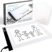 Caja de luz LED ultra fina para trazado y dibujo, caja de luz portátil A4 para niños y adultos con brillo ajustable y regla, kit de proyector alimentado por USB para artes y manualidades, con 10 papel trazador - Arteztik

