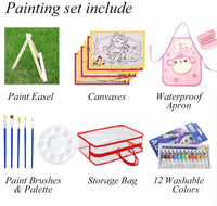 Kaorary - Juego de pintura infantil para niñas, incluye 1 bolsa de almacenamiento, 12 pinturas lavables, 1 caballete de pintura libre de arañazos, 6 lienzos, 6 pinceles de pintura, 1 paleta y 1 delantal impermeable - Arteztik
