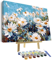 Vigeiya Pintura al óleo de 16.0 x 20.0 in por números para adultos principiantes incluyen lienzo enmarcado y caballete de madera con cepillos y pigmento acrílico (flor de margarita) - Arteztik
