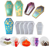 10Pcs Silicone Coffin Box Resin Molds Set Halloween Decoration Casket Resin Casting Molds Bat Owl Skull Hands Pumpkin Spider Shape DIY Mold - Arteztik
