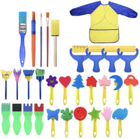 Juego de 31 pinceles para niños de aprendizaje temprano con esponja para dibujar pintura para manualidades y manualidades para niños pequeños, varios diseños, pinceles de espuma de pintura, delantal impermeable para pintura artística con bolsillo - Arteztik
