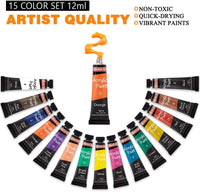 Set de pintura acrílica, Shuttle Art 15 tubos de 0.4 fl oz de calidad artista no tóxica, pigmentos ricos colores perfectos para niños adultos principiantes artistas pintura sobre lienzo madera arcilla tela cerámica artesanía - Arteztik
