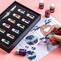 YOLAKIS Bolígrafo de caligrafía de vidrio y tinta, pluma de inmersión de vidrio Set con tinta de caligrafía 12 polvo de colores de vidrio para dibujo de escritura de arte - Arteztik
