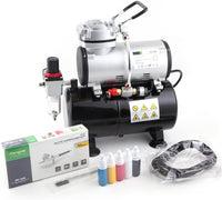 Timbertech Airbrush Kit with Compressor and Paint AS-186K, Airbrush Compressor with 3L Air Tank, Dual Action Gravity Feed Airbrush Gun, 5 Primary Opaque Acrylic Paints, Airbrush Hose (110-120V) - Arteztik
