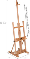 MEEDEN - Caballete de estudio con marco en H, caballete de madera maciza de haya para artista, ideal para aceite, acílico, caseína, bocetos, pintura en pastel, sostiene arte en lienzo hasta 77 pulgadas, color natural - Arteztik
