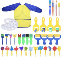 Juego de 31 pinceles para niños de aprendizaje temprano con esponja para dibujar pintura para manualidades y manualidades para niños pequeños, varios diseños, pinceles de espuma de pintura, delantal impermeable para pintura artística con bolsillo - Arteztik
