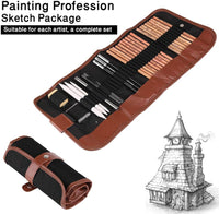 Powstro K Set de lápices de bocetos, 18 unidades, color carbón, bolsa de transporte de lápices de borrar para manualidades, cuchillo extensor de lápiz 29 piezas en total para principiantes artistas - Arteztik
