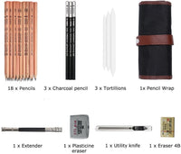 Powstro K Set de lápices de bocetos, 18 unidades, color carbón, bolsa de transporte de lápices de borrar para manualidades, cuchillo extensor de lápiz 29 piezas en total para principiantes artistas - Arteztik
