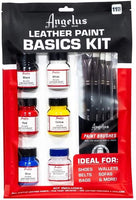 Angelus Kit básico de pintura de cuero, contiene botellas de 1 onza de negro, blanco, rojo, azul, amarillo y preparador, además de un juego de 5 pinceles Angelus (799-01-KIT) - Arteztik
