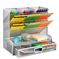 Marbrasse Mesh Desk Organizer, Multi-Functional Pen Holder, Pen Organizer for Desk, Desktop Stationary Organizer, Storage Rack for School Home Office Art Supplies (Silver Mesh Pen Holder with Drawer) - Arteztik
