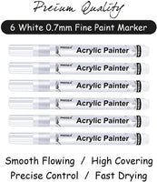 Rotuladores de pintura de color blanco, 6 unidades, 0.028 in, acrílico, blanco, rotuladores permanentes, para pintura de roca, piedra, cerámica, vidrio, madera, plástico, cristal, metal, lienzo, base de agua, punta extra fina - Arteztik
