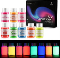 Wtrcsv Polvo fluorescente UV de 8 colores, polvo de neón UV, polvo de pigmento de seguridad para pintura, limo, uñas, resina, conciertos o bricolaje -10 g/0.35 oz cada uno (total 2.8 oz) - Arteztik
