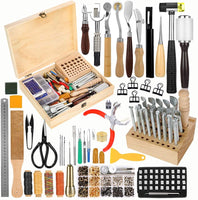Jupean 424 herramientas y suministros de trabajo de cuero, kits de artesanía de cuero con instrucciones, kit de costura de cuero, soporte de herramientas de cuero, caja de almacenamiento de madera, juego de estampado de cuero, herramientas y suministros d - Arteztik
