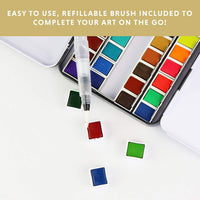 El juego de 48 medias sartenes de acuarela prémium en paleta de metal con pinturas de acuarela fiel a color, cepillo de agua recargable, guía técnica y una hoja de swatch para artistas en movimiento. - Arteztik
