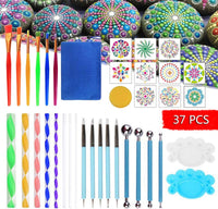 Juego de herramientas de punteado de mandala de 37 piezas, juego de plantillas con una bolsa de almacenamiento impermeable con cremallera azul para pintura de roca, dibujo y decoración de uñas - Arteztik
