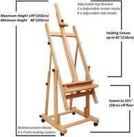 Caballete de estudio con marco en H, muy resistente, versátil, de madera de haya maciza para artista, caballete de pintura ajustable, móvil e inclinable, disponible - Arteztik
