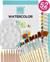 COLOUR BLOCK - Juego de 52 piezas de acuarela, suministros de arte para la escuela, incluye 12 tubos de pintura de acuarela, juego de 12 pinceles, 25 hojas de bloc de dibujo y 24 lápices de acuarela - Arteztik
