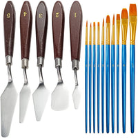 Juego de 5 cuchillos de paleta con 10 pinceles de pintura, FineGood acero inoxidable espátula pintura al óleo metal cuchillo mango de madera y cepillo de pelo de nailon para artistas principiantes - Arteztik
