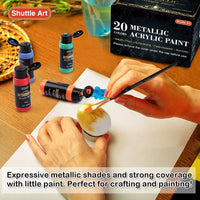 Juego de pintura acrílica metálica, Shuttle Art 20 colores pintura metálica en botellas (2.0 fl oz, 2 oz) con 3 pinceles y 1 paleta, ricos pigmentos, no tóxico para artistas, principiantes en rocas manualidades lienzo tela de madera - Arteztik
